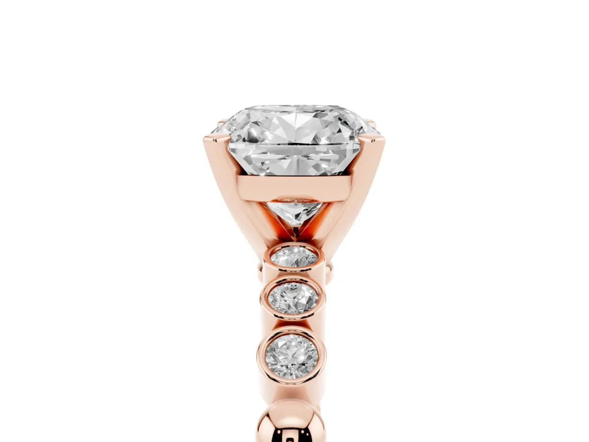 Cushion Cut Solitaire Bezel Accent Diamond Engagement Ring with Beaded Band and Four-Prong Setting Rose gold