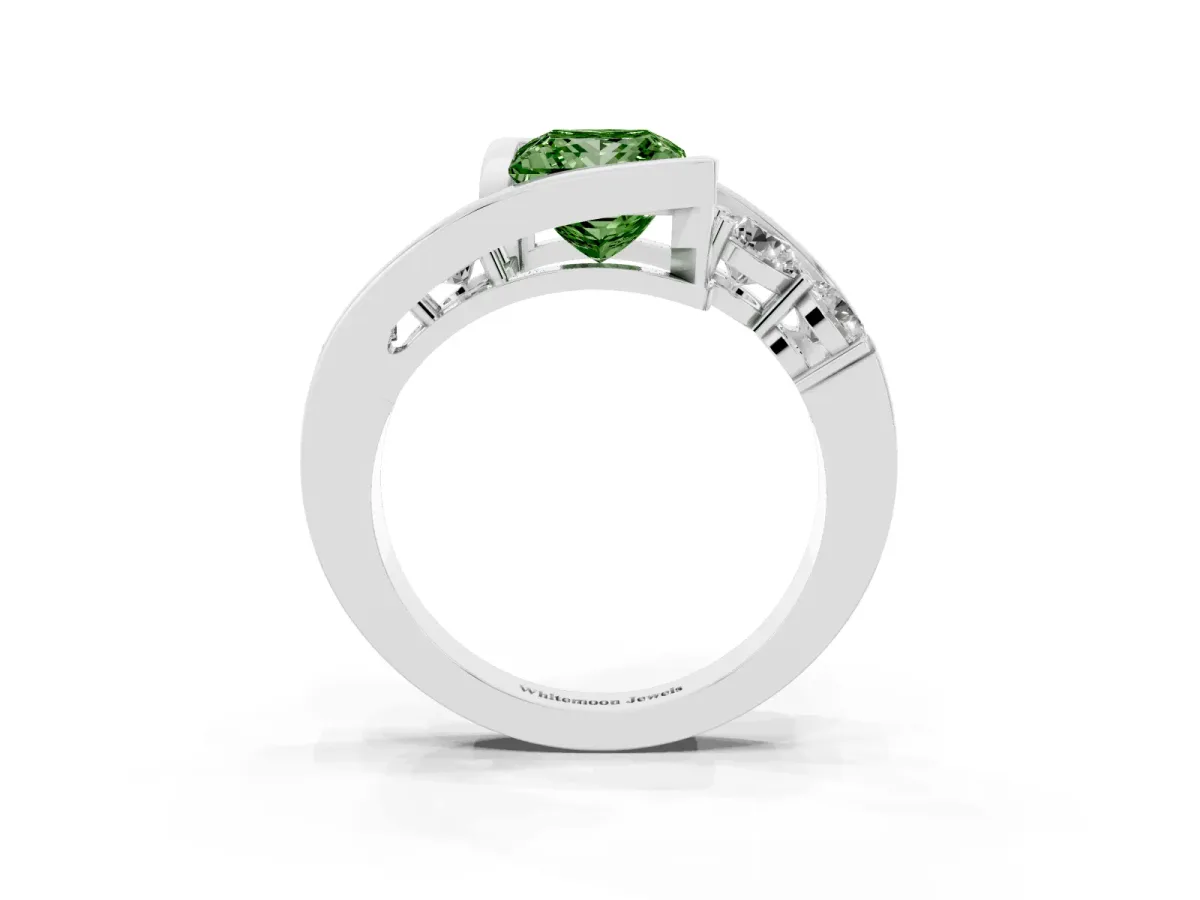 Fancy Green Bezel Set Princess Cut Diamond Bypass Ring with Round Accents Silver