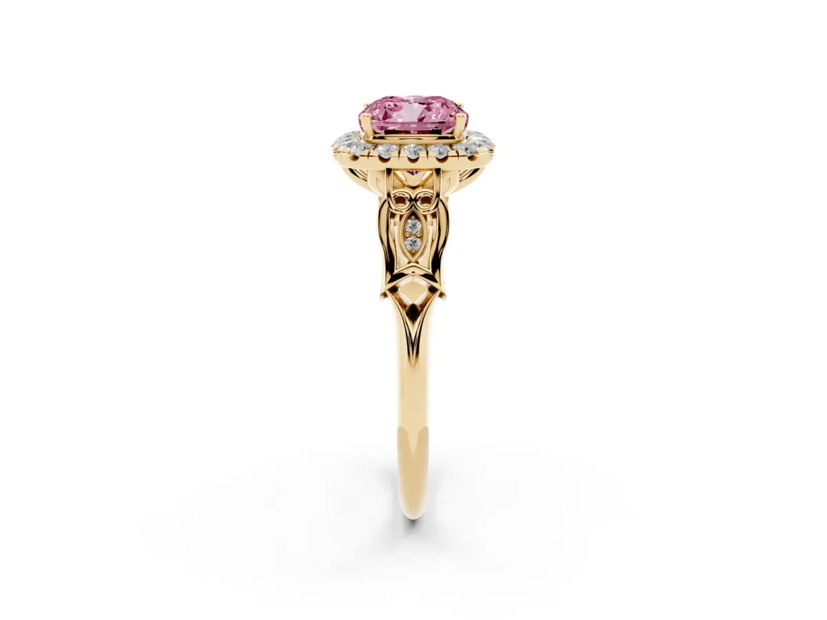Fancy Pink Cushion Cut Halo Diamond Engagement Ring with Filigree Band and Four-Prong Setting Yellow gold