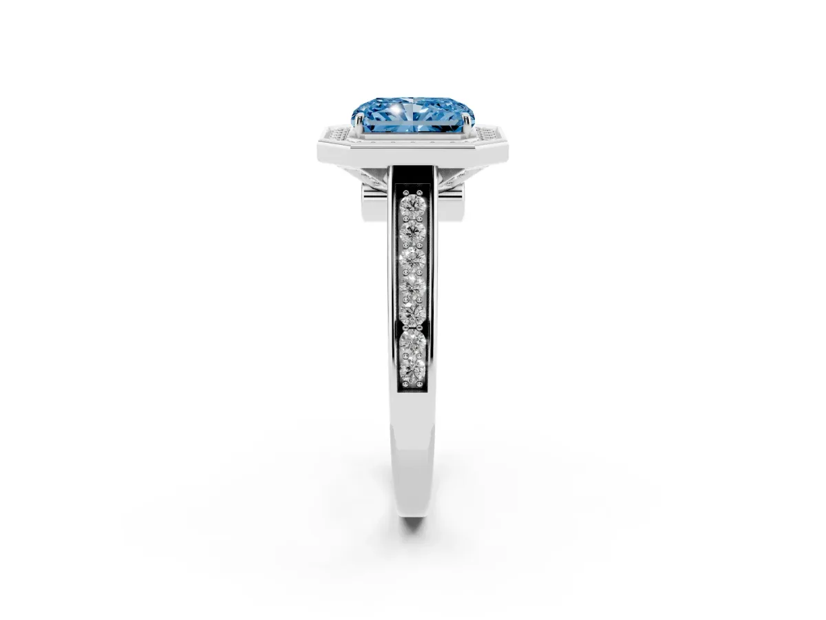 Fancy Blue Radiant Cut Halo Solitaire Diamond Ring with Pave Band and Bezel Setting White gold