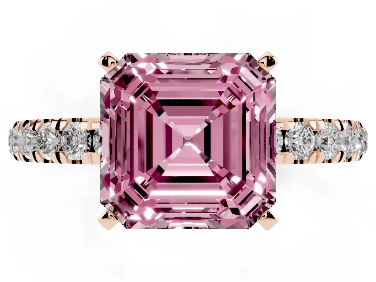 Fancy Pink Asscher Cut Diamond Solitaire Ring with Pavé Accents and Four-Prong Setting Rose gold