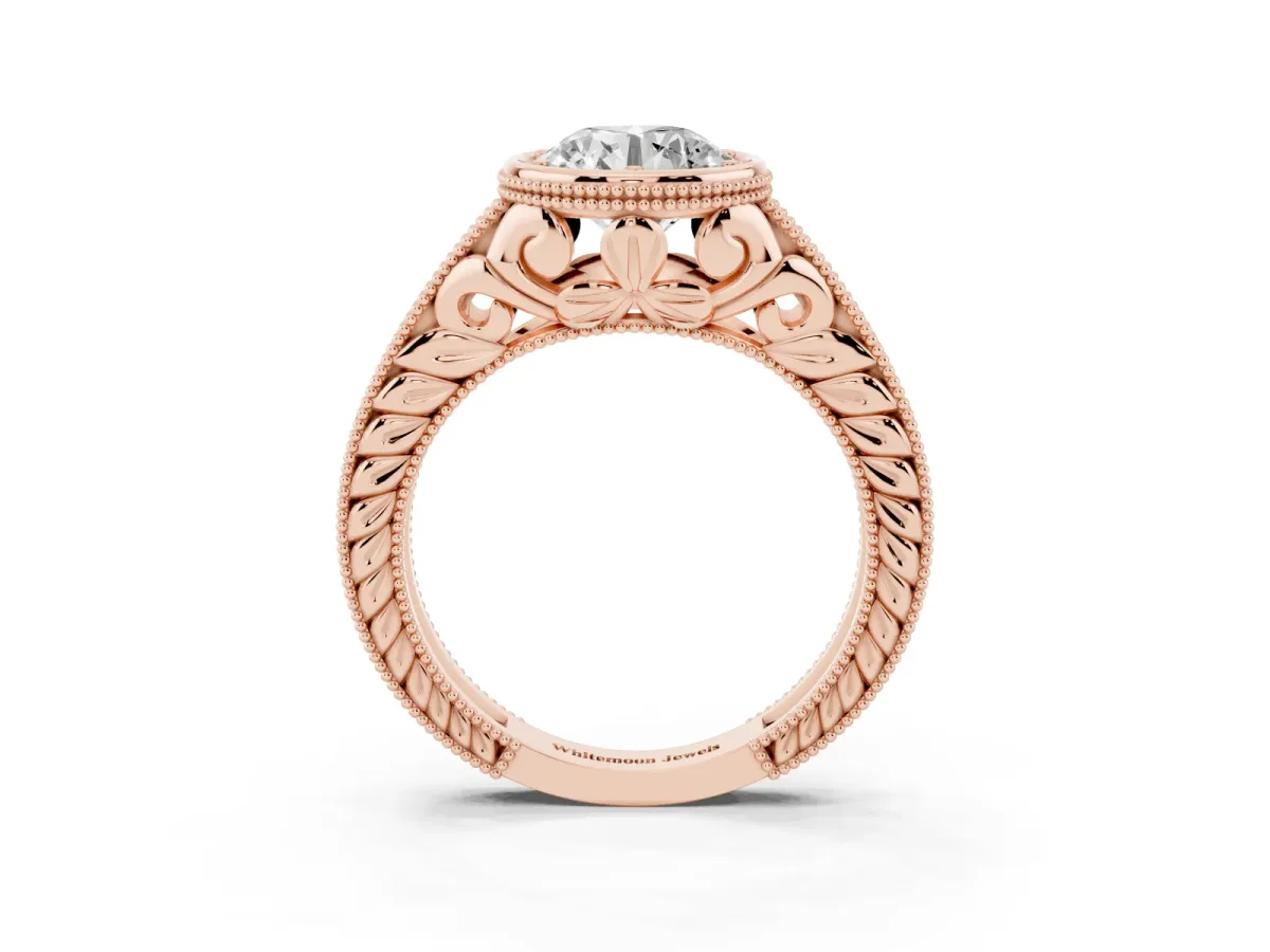 Bezel Set Round Cut Diamond Milgrain Pave Engagement Ring Rose gold