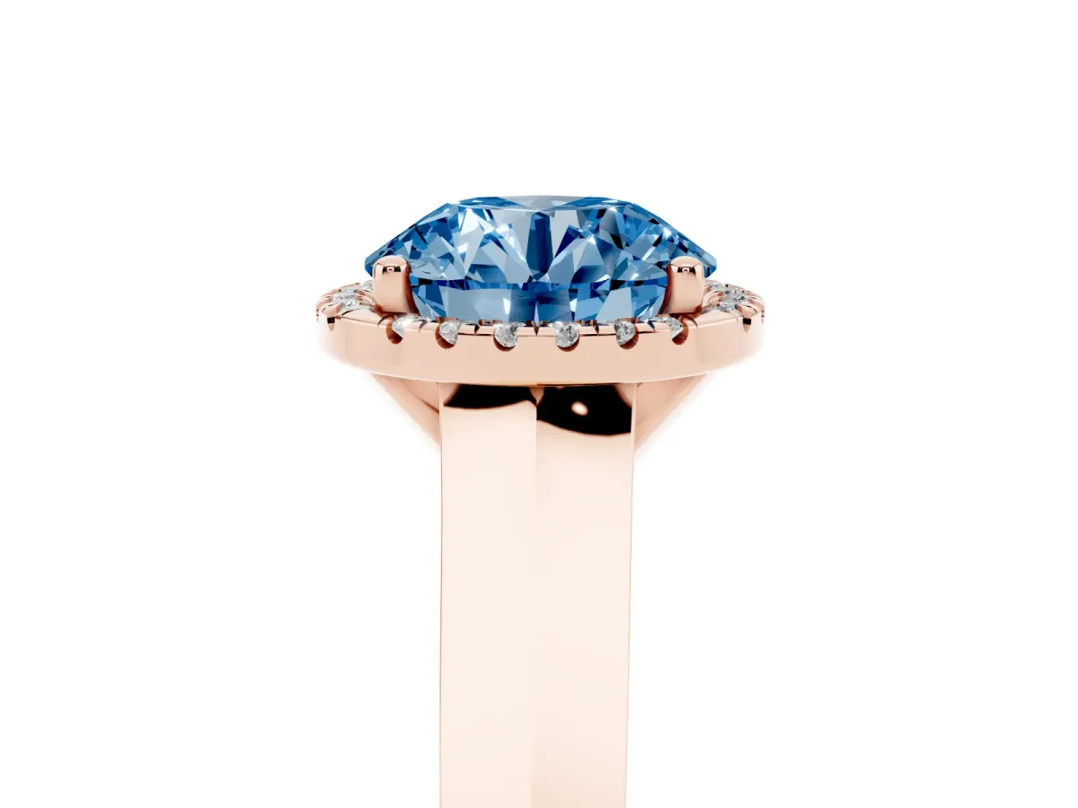 Fancy Blue Round Cut Halo Diamond Ring with Cathedral Band and Four-Prong Setting Rose gold