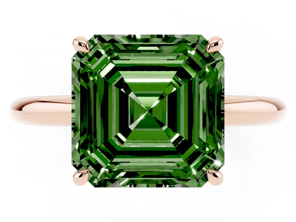 Fancy Green Asscher Cut Diamond Solitaire Ring with Thin Band and Four-Prong Setting Rose gold