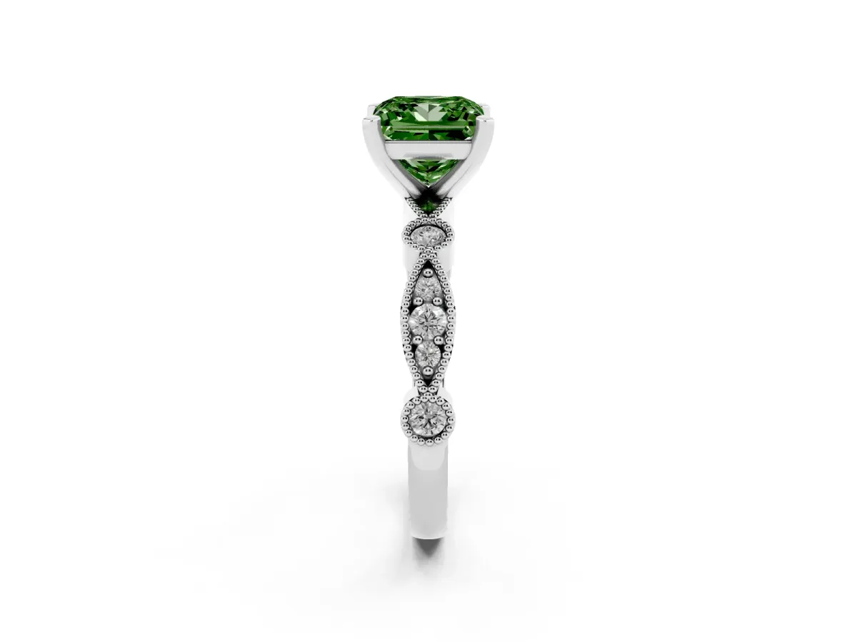 Fancy Green Princess Cut Milgrain Bezel Diamond Engagement Ring with Solitaire Prong Setting Silver