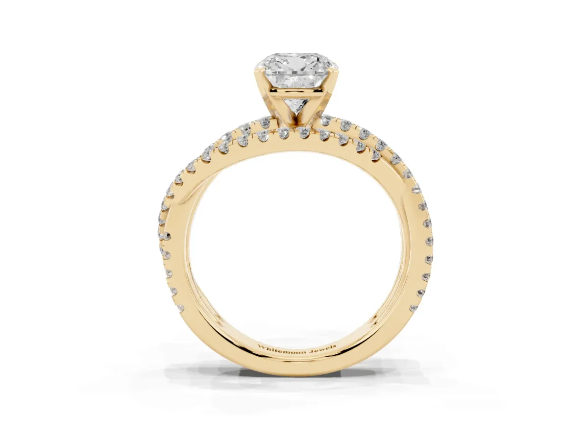 Cushion Cut Solitaire Twist Band with Pavé Setting and Four-Prong Setting Yellow gold