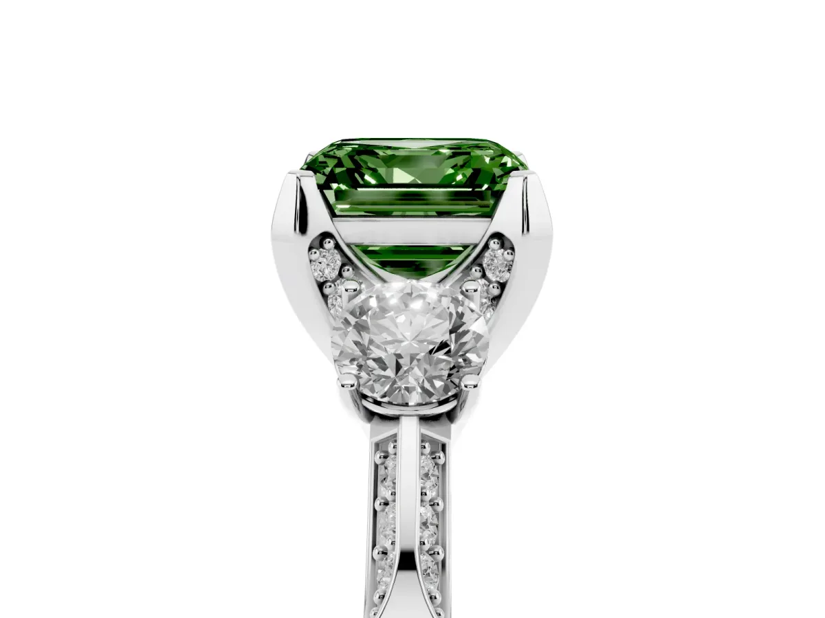 Fancy Green Asscher Cut Brilliant Three-Stone Diamond Ring with Pavé Band and Four-Prong Setting Silver