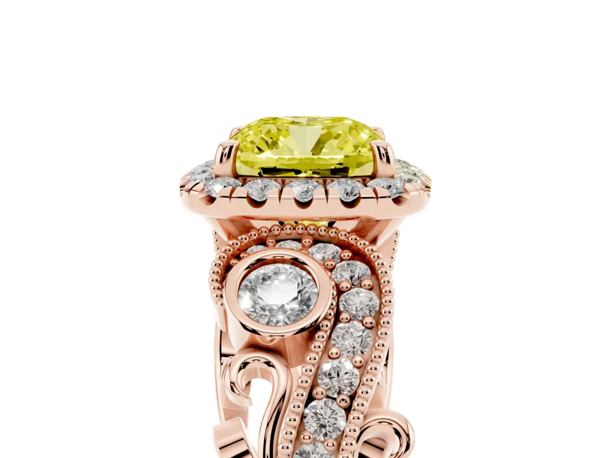 Fancy Yellow Cushion Cut Halo Diamond Ring with Milgrain and Bezel Accents on a Split Shank Band Rose gold