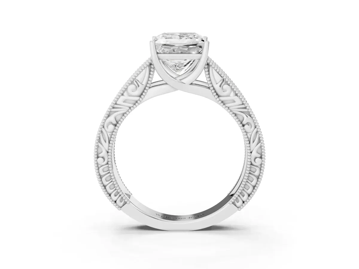 Princess Cut Diamond Solitaire Ring with Engraved Band and Four-Prong Setting White gold