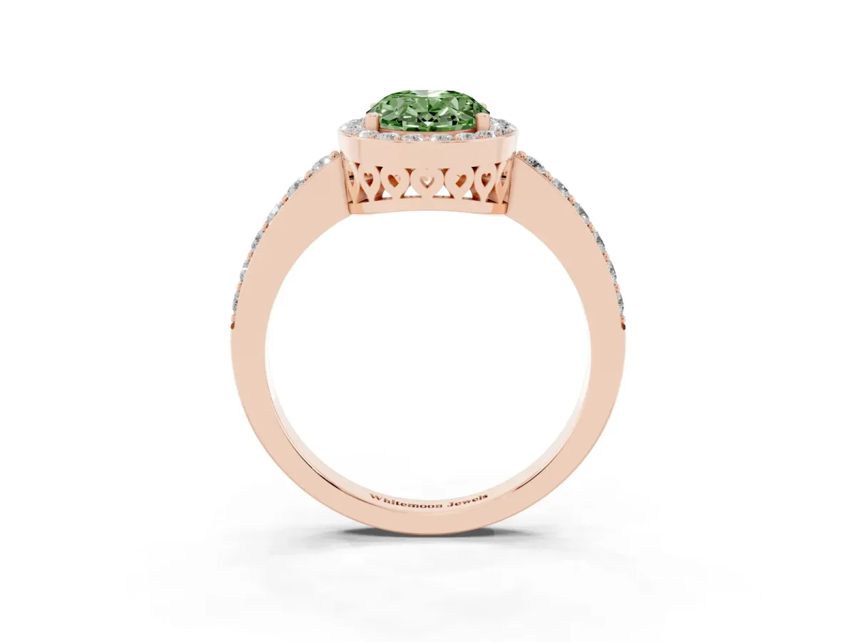 Fancy Green Oval Cut Halo Diamond Pavé Band Ring with Prong Setting Rose gold