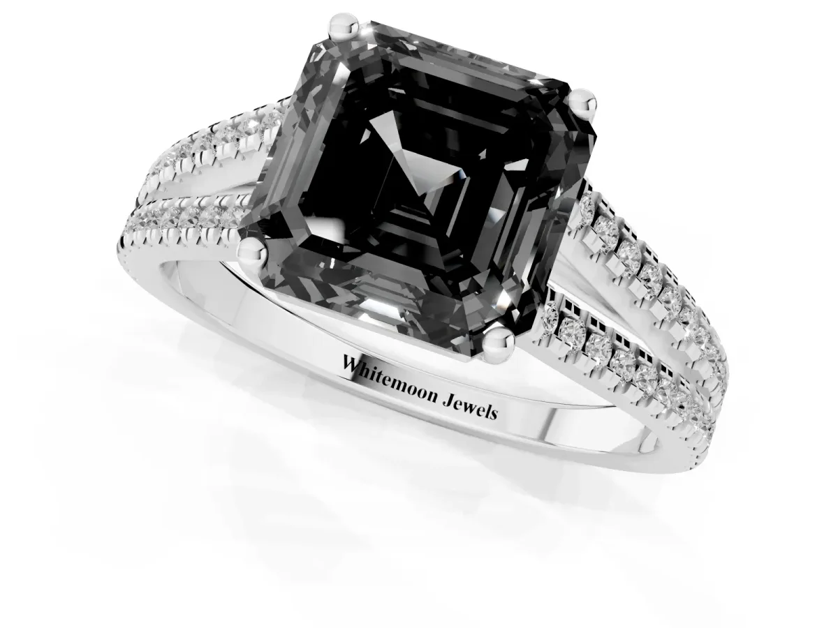 Fancy Black Asscher Cut Diamond Solitaire Engagement Ring with Split Shank Pavé Band Platinum