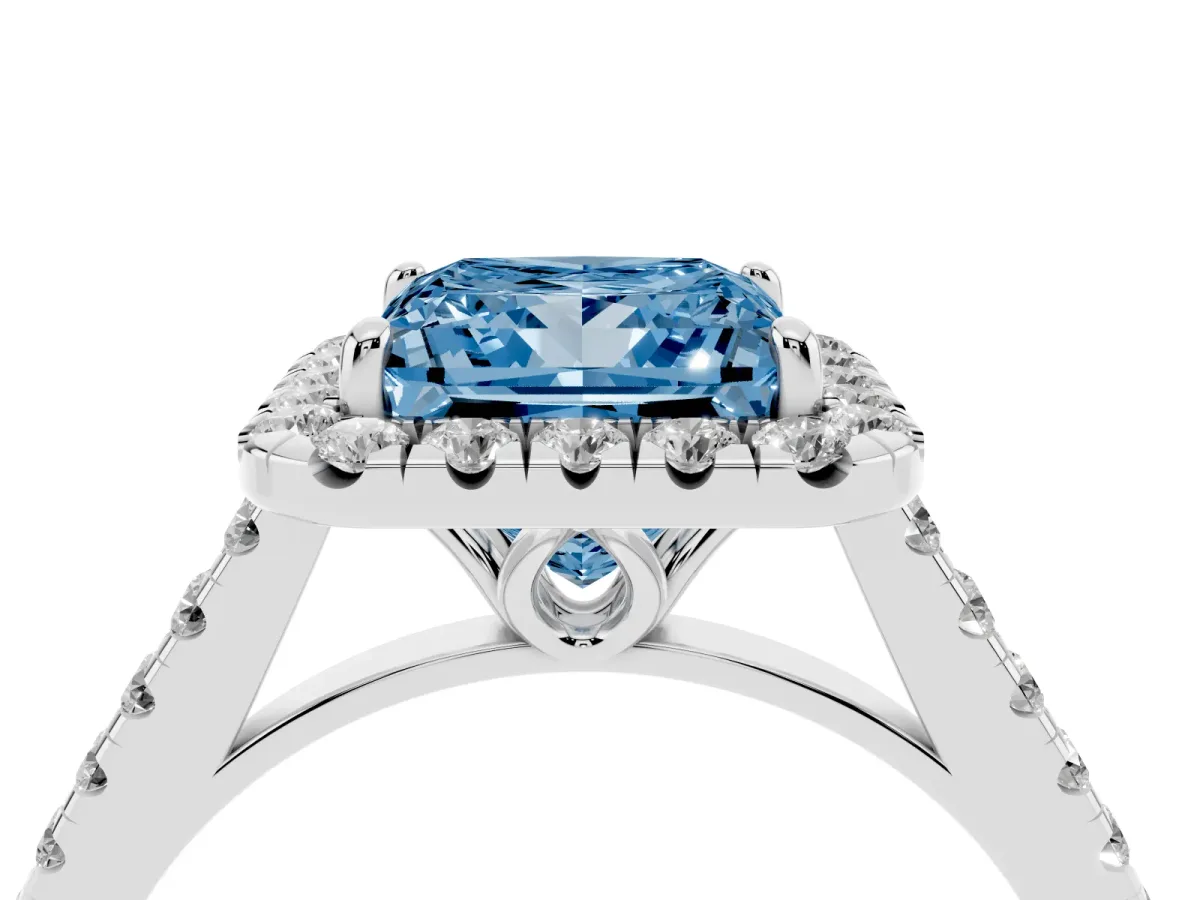 Fancy Blue Princess Cut Halo Pavé Diamond Engagement Ring with Four-Prong Setting Silver