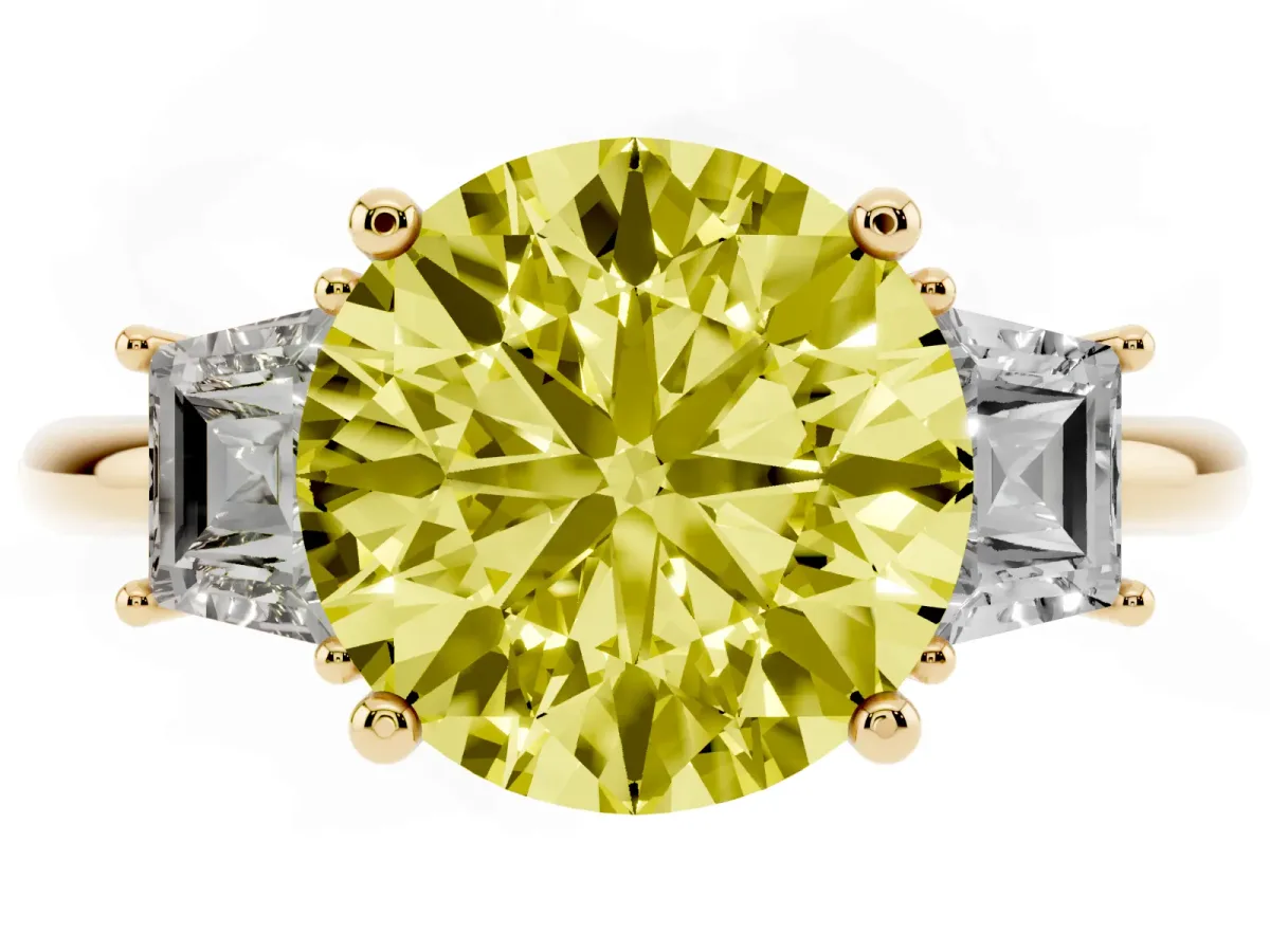 Fancy Yellow Round Cut Diamond Three-Stone Ring with Trapezoid Side Stones and Prong Setting Yellow gold