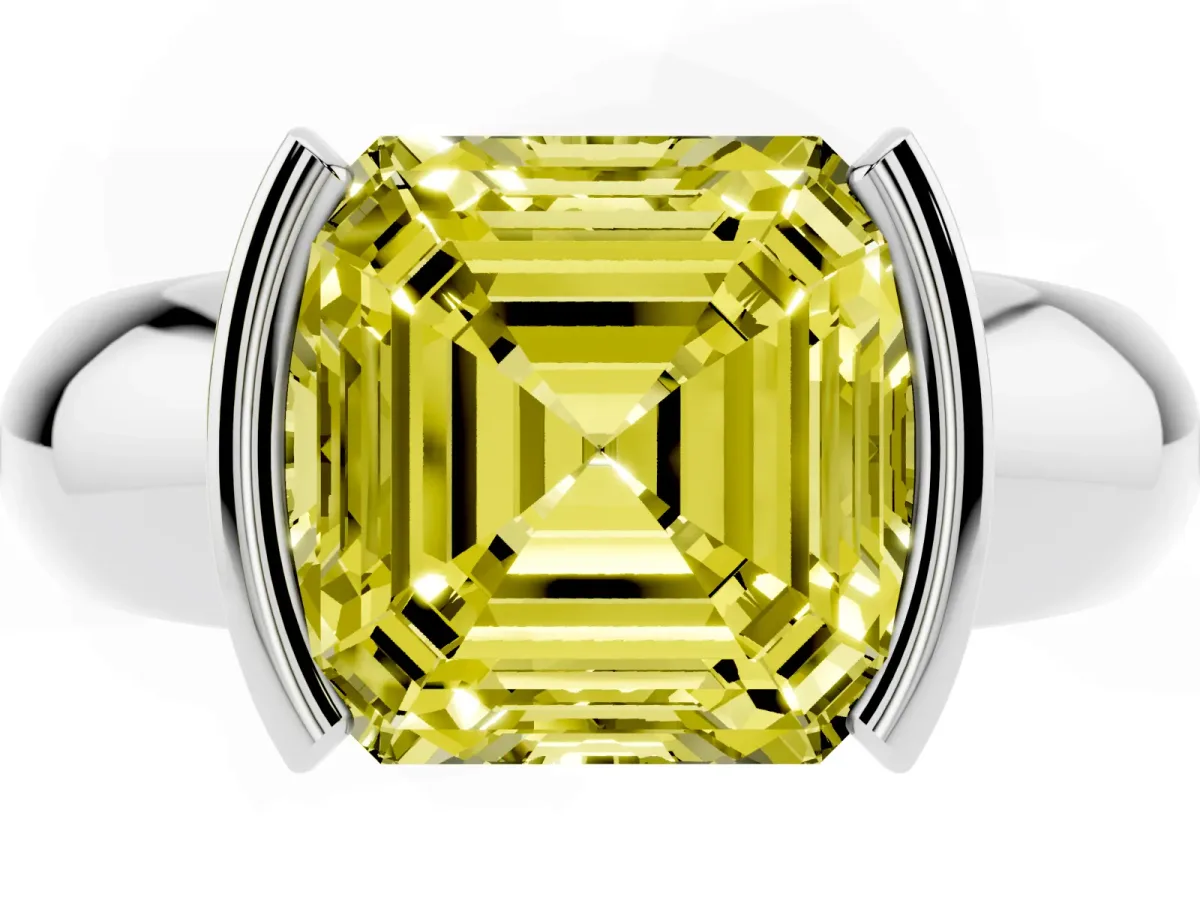 Fancy Yellow Asscher Cut Solitaire Tension Set Diamond Ring with Wide Band Silver