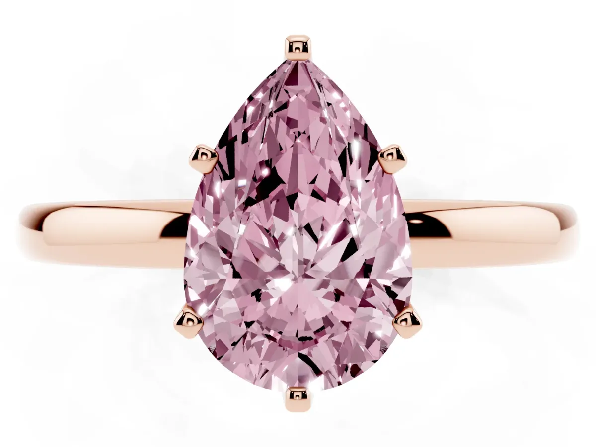 Fancy Pink Pear Cut Solitaire Diamond Ring with Six-Prong Setting on a Classic Band Rose gold