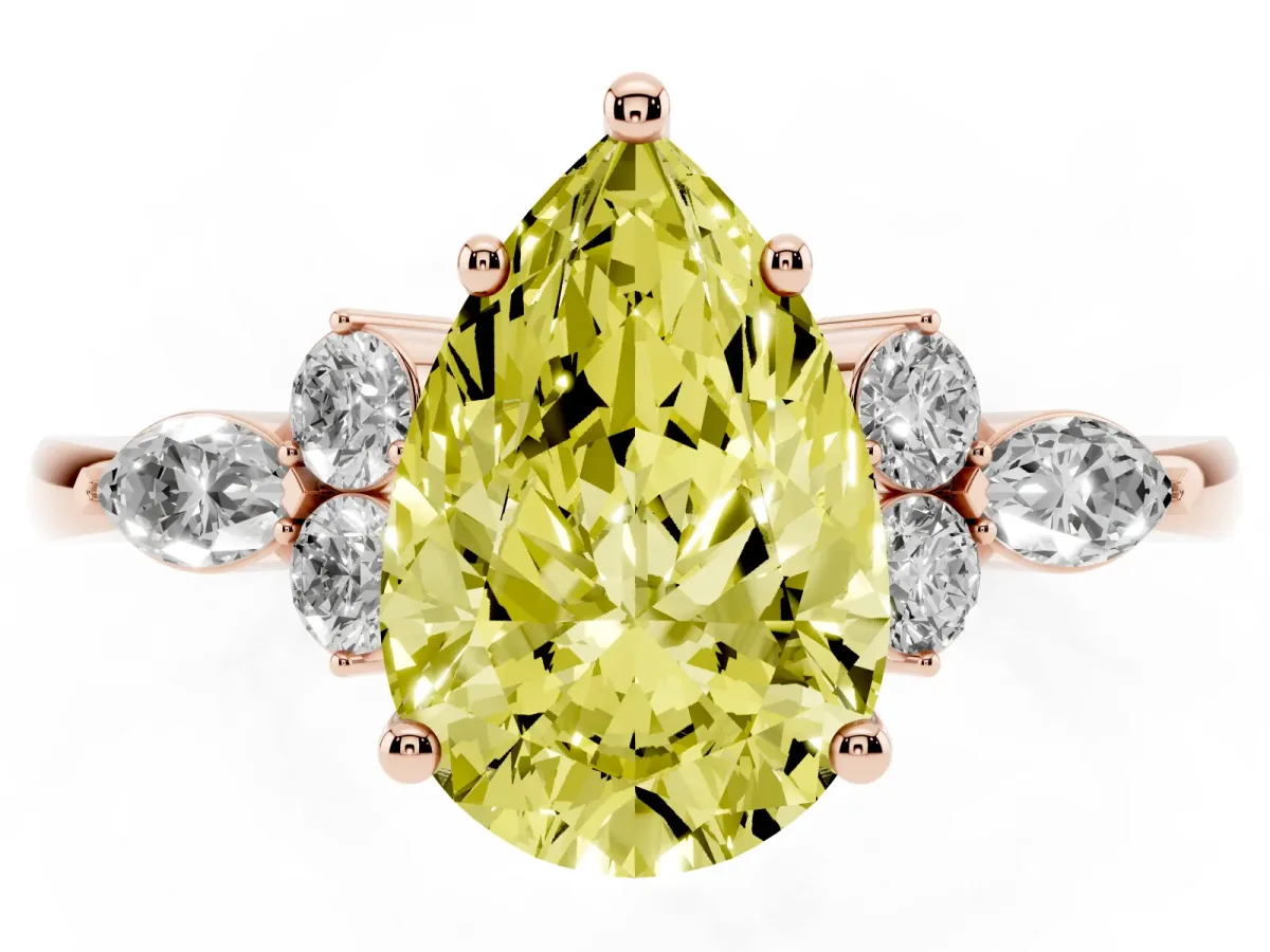 Fancy Yellow Pear Cut Brilliant Diamond Solitaire Ring with Pear Side Stones and Four-Prong Setting Rose gold