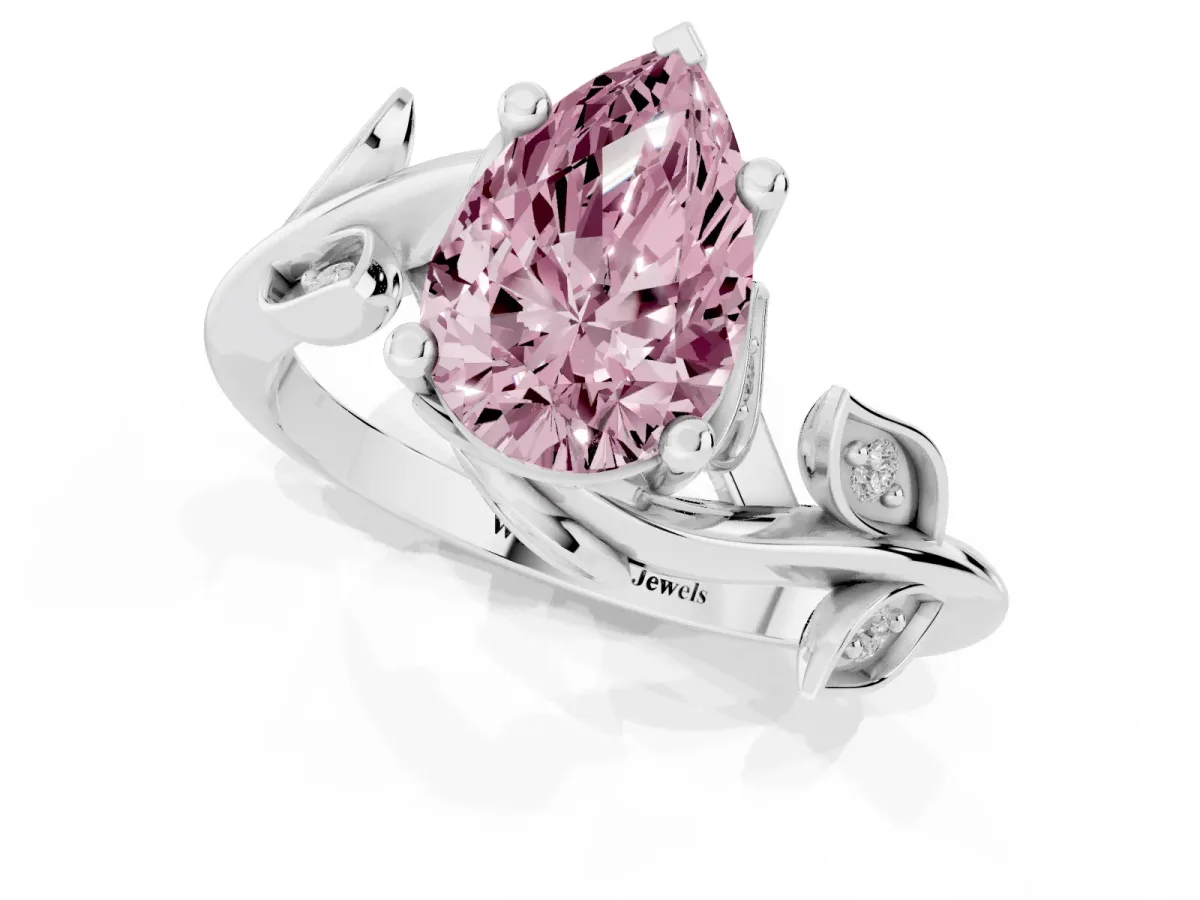 Fancy Pink Pear Cut Solitaire Twist Engagement Ring with Leaf Accents and Prong Setting Silver