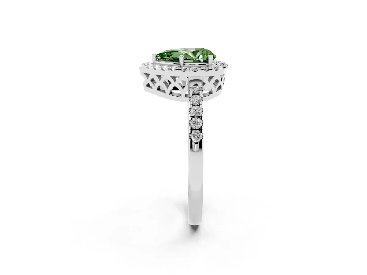 Fancy Green Pear Cut Halo Diamond Engagement Ring with Pavé Band and Four-Prong Setting Silver