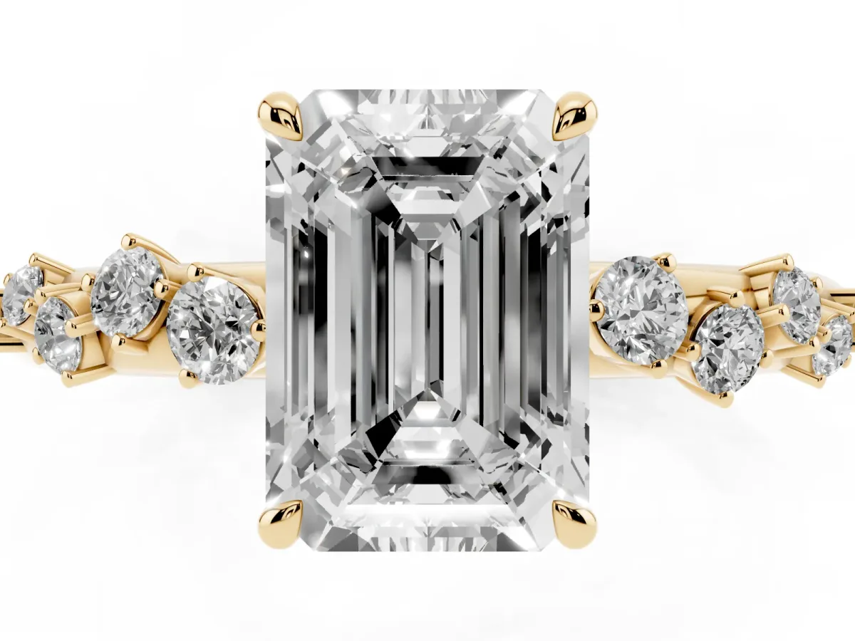 Emerald Cut Diamond Cluster Prong-Set Solitaire Ring Yellow gold