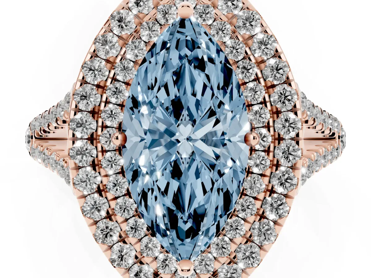 Fancy Blue Marquise Cut Diamond Double Halo Ring with Pavé Band and Prong Setting Rose gold