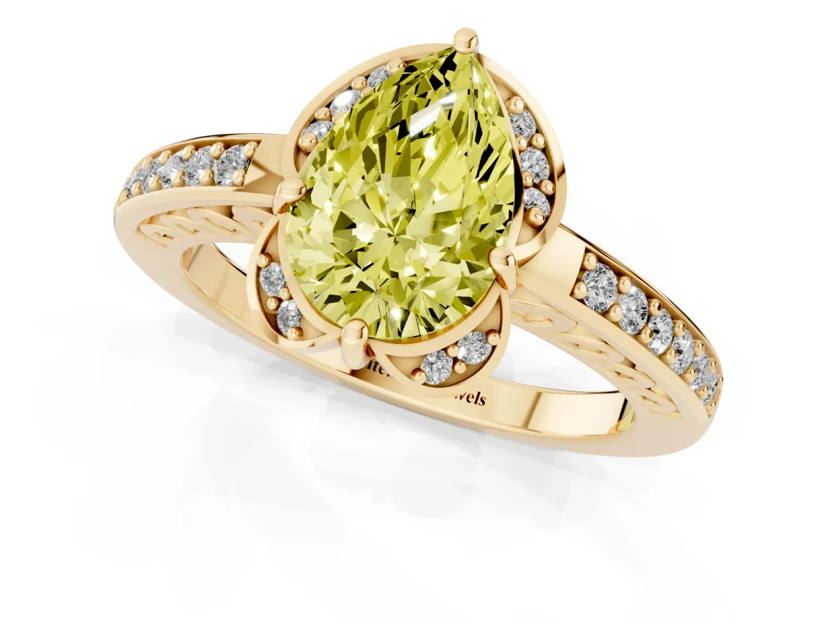 Fancy Yellow Pear Cut Cut Halo Diamond Ring with Channel Set Band and Four-Prong Setting Yellow gold