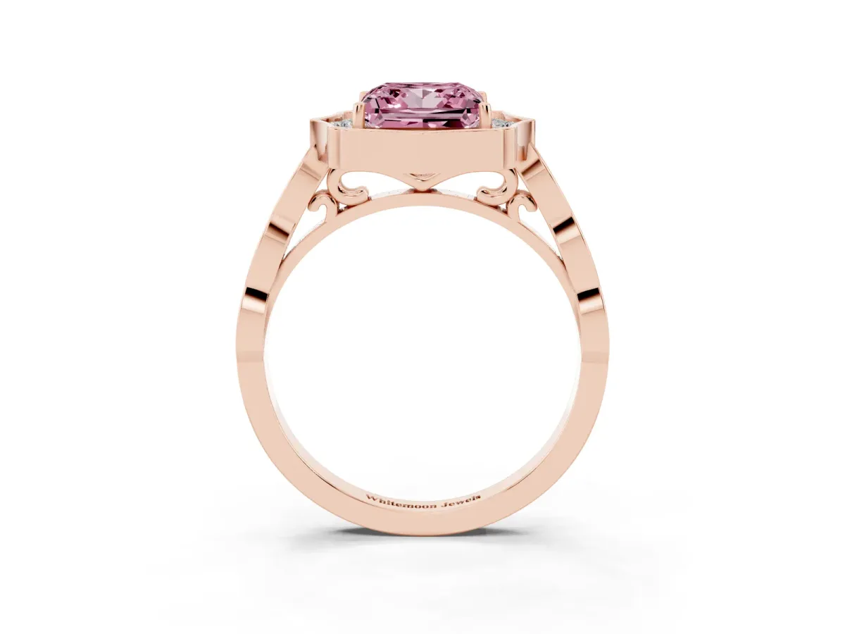 Fancy Pink Princess Cut Halo Diamond Engagement Ring with Milgrain Band and Four-Prong Setting Rose gold