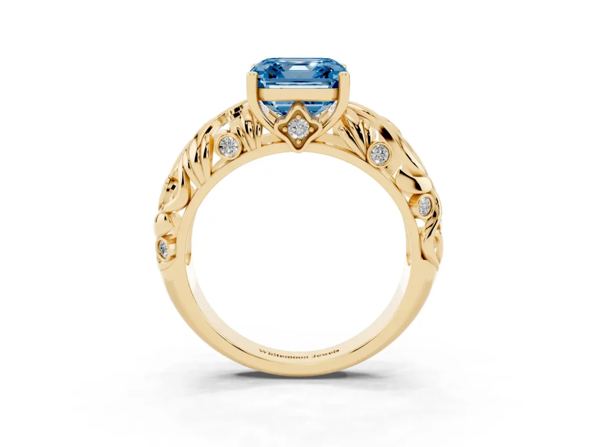 Fancy Blue Asscher Cut Solitaire Diamond Leaf-Inspired Vine Band Ring with Prong Setting Yellow gold