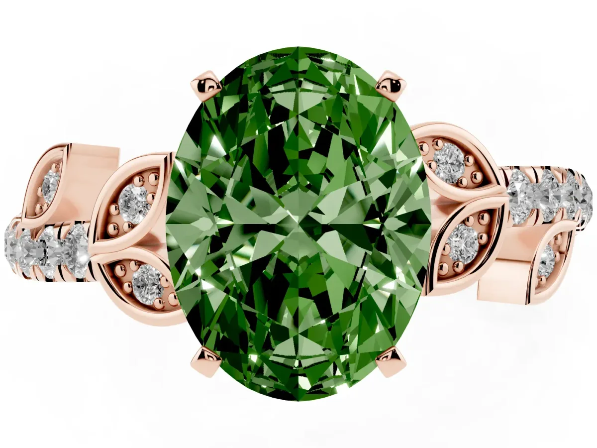 Fancy Green Oval Cut Solitaire Leaf-Inspired Diamond Ring with Pavé Band and Four-Prong Setting Rose gold