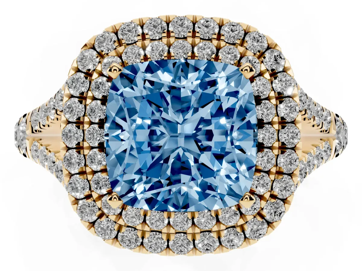 Fancy Blue Cushion Cut Diamond Pavé Split Shank Double Halo Engagement Ring Yellow gold