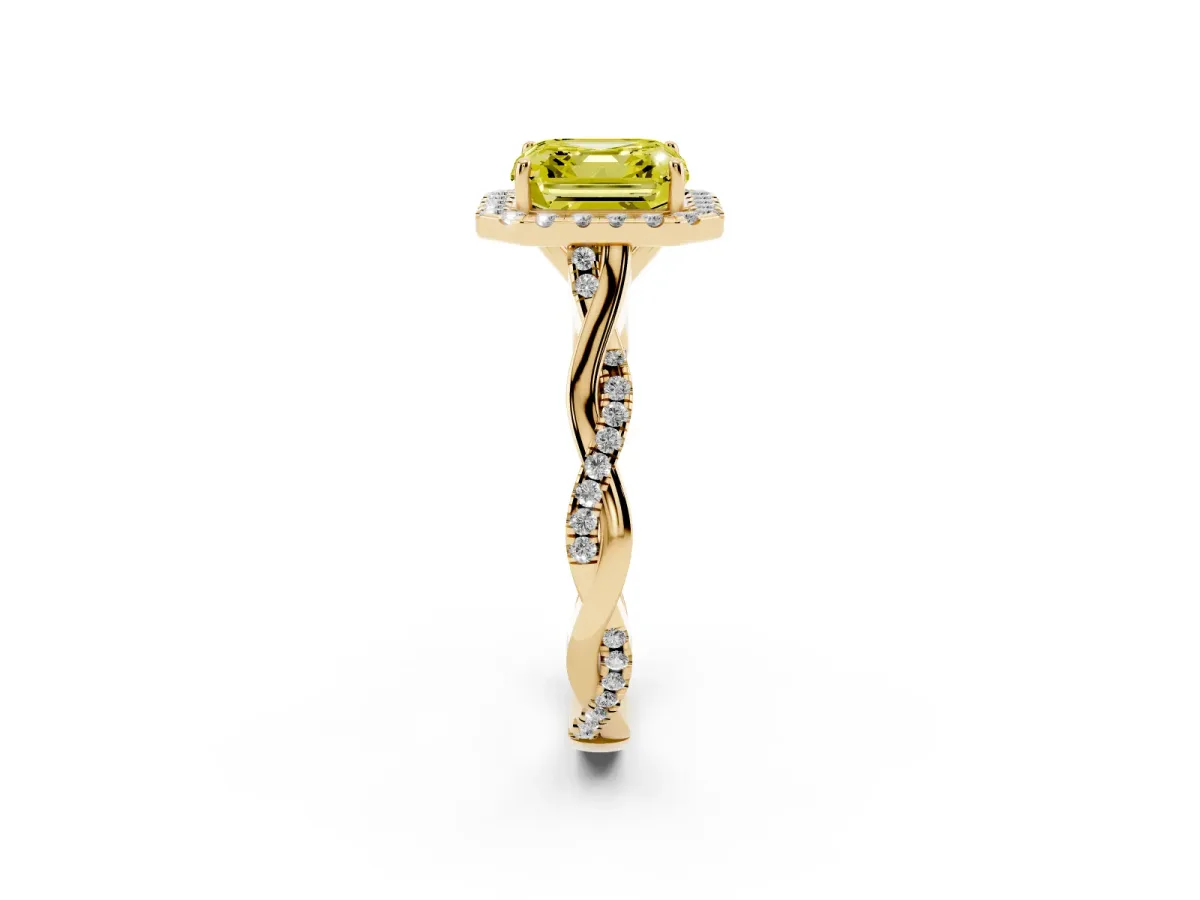 Fancy Yellow Asscher Cut Halo Twist Band Solitaire Ring Yellow gold