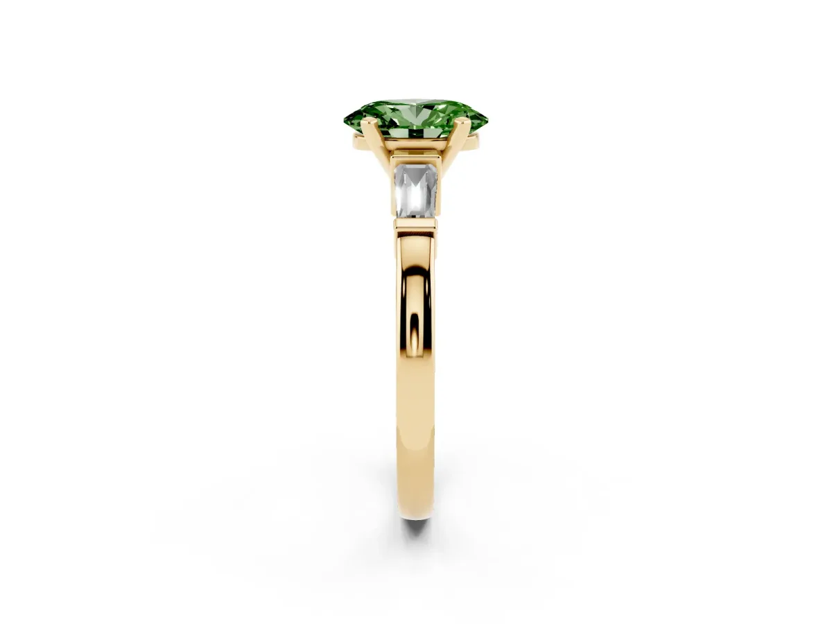 Fancy Green Oval Cut Cut Diamond Solitaire Ring with Tapered Baguette Accents and Four-Prong Setting Yellow gold