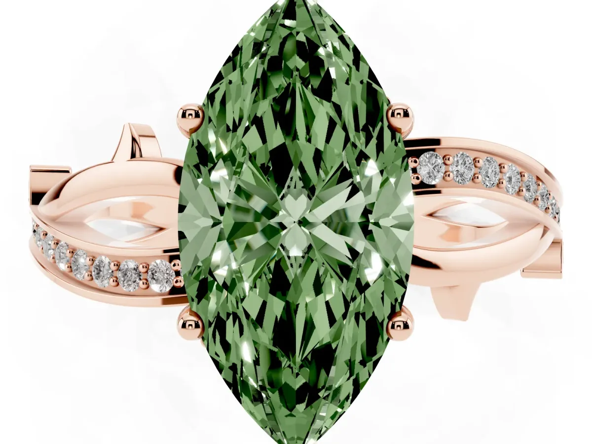 Fancy Green Marquise Cut Solitaire Twist Band with Pavé Accents and Four-Prong Setting Rose gold
