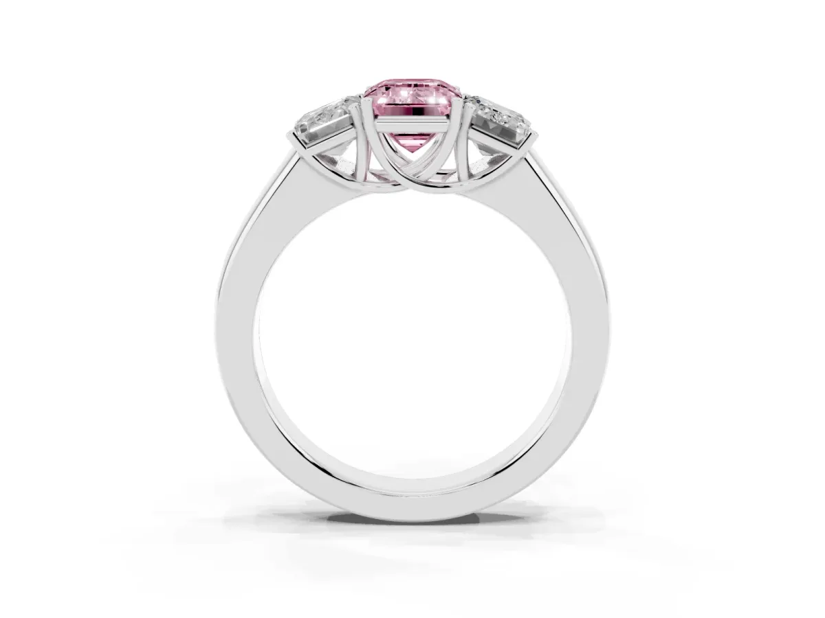 Fancy Pink Three-Stone Emerald Cut Cut Diamond Ring with Prong Setting and Classic Band Platinum