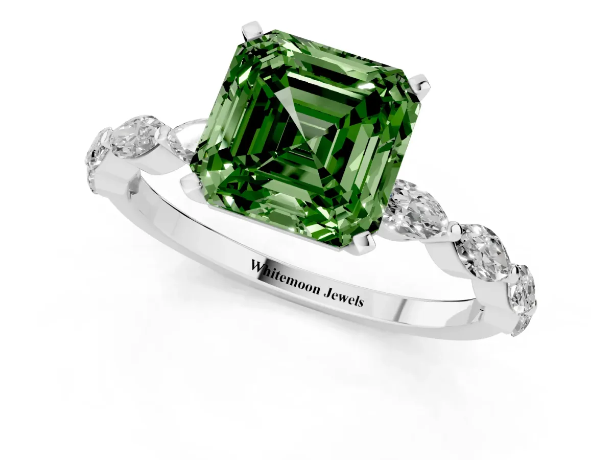 Fancy Green Asscher Cut Diamond Ring with Marquise Side Stones and Prong Setting Silver