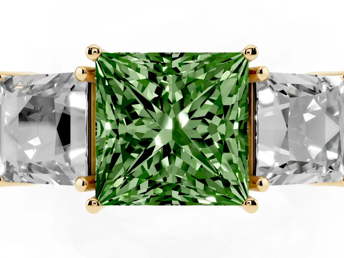 Fancy Green Three-Stone Princess Cut Cut Milgrain Pavé Engagement Ring Yellow gold