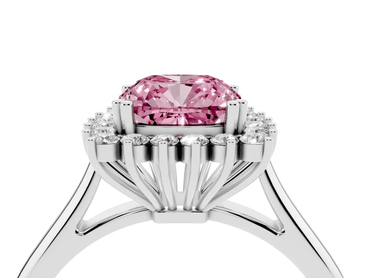 Fancy Pink Cushion Cut Cut Diamond Halo Ring with Solitaire Band and Prong Setting Silver