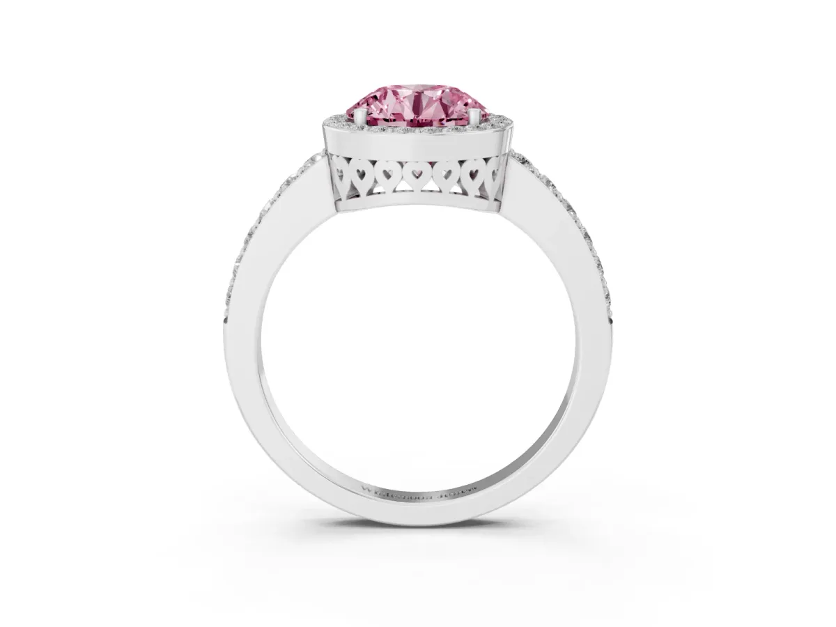 Fancy Pink Round Cut Halo Diamond Pavé Band Ring with Prong Setting Silver