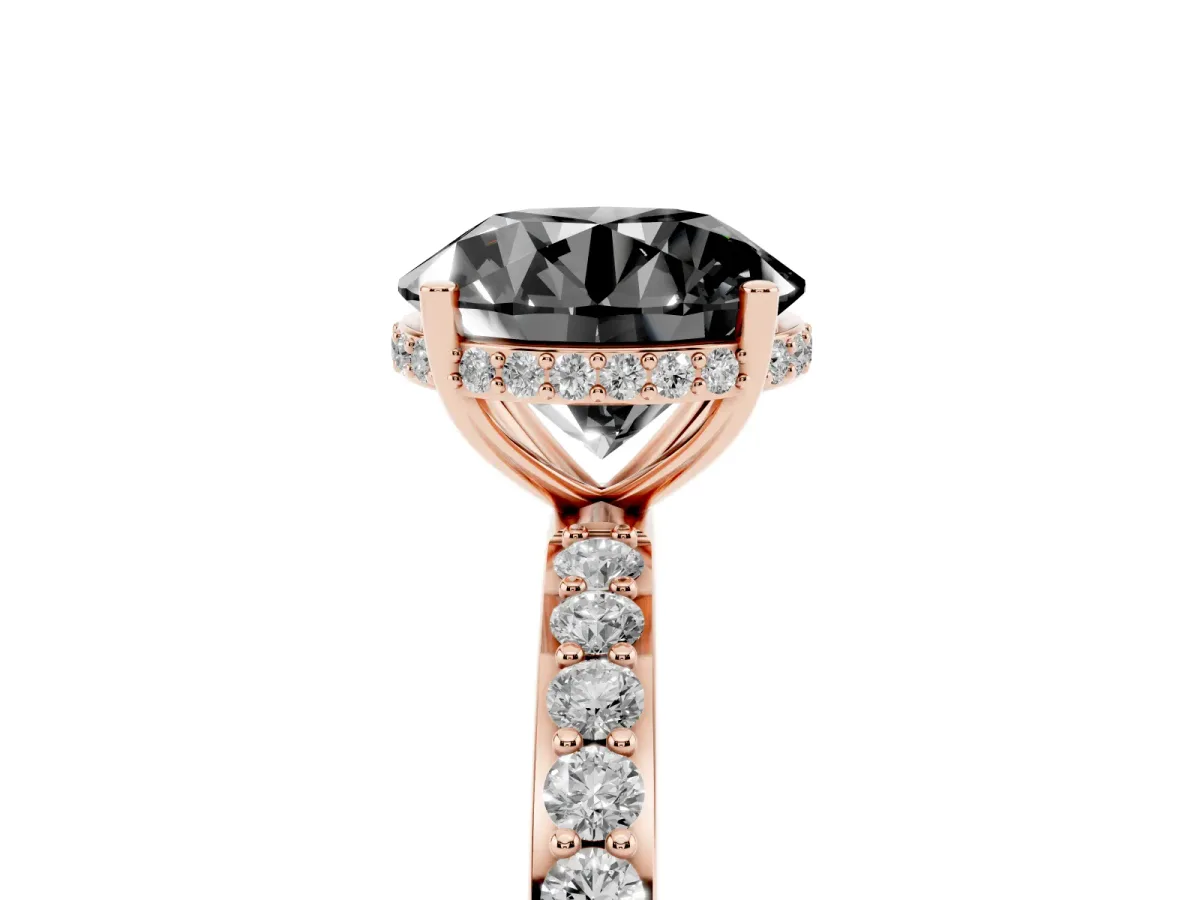 Fancy Black Round Cut Diamond Solitaire Ring with Pavé Band and Hidden Halo Rose gold