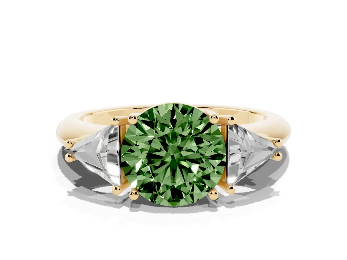 Fancy Green Three-Stone Round Cut Diamond Engagement Ring with Trillion Side Stones and Prong Setting Yellow gold