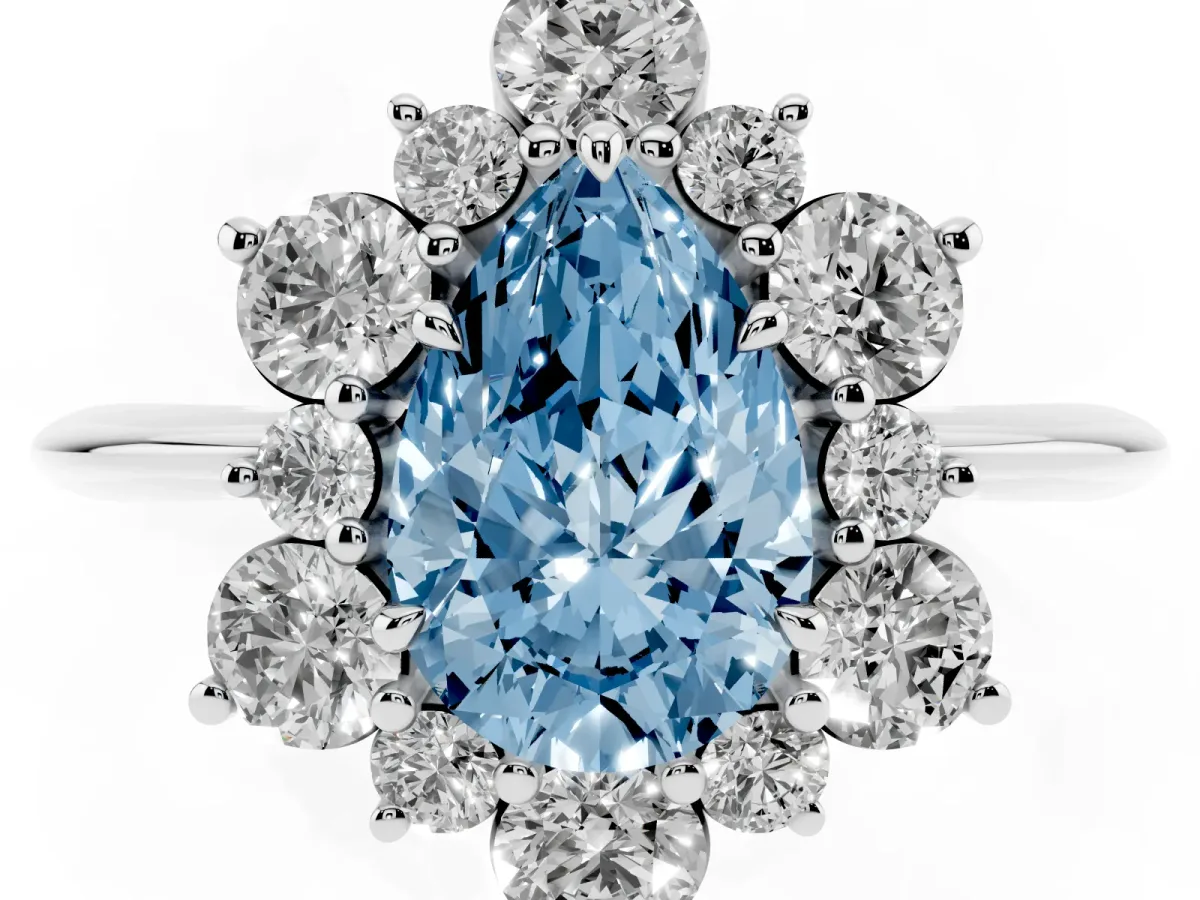 Fancy Blue Pear Cut Diamond Cluster Halo Ring with Solitaire Band and Four-Prong Setting Silver