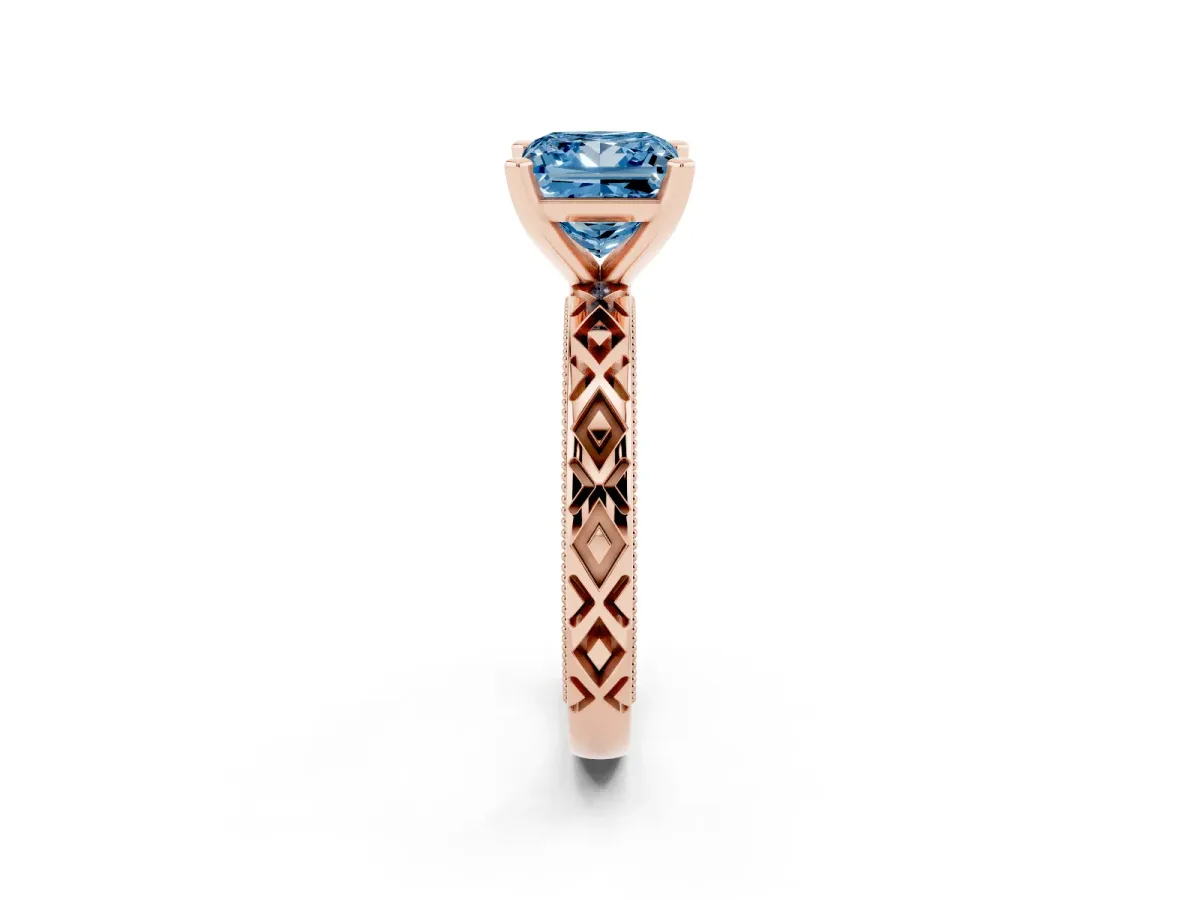 Fancy Blue Princess Cut Solitaire Diamond Ring with Milgrain and Black Enamel X Pattern Band Rose gold