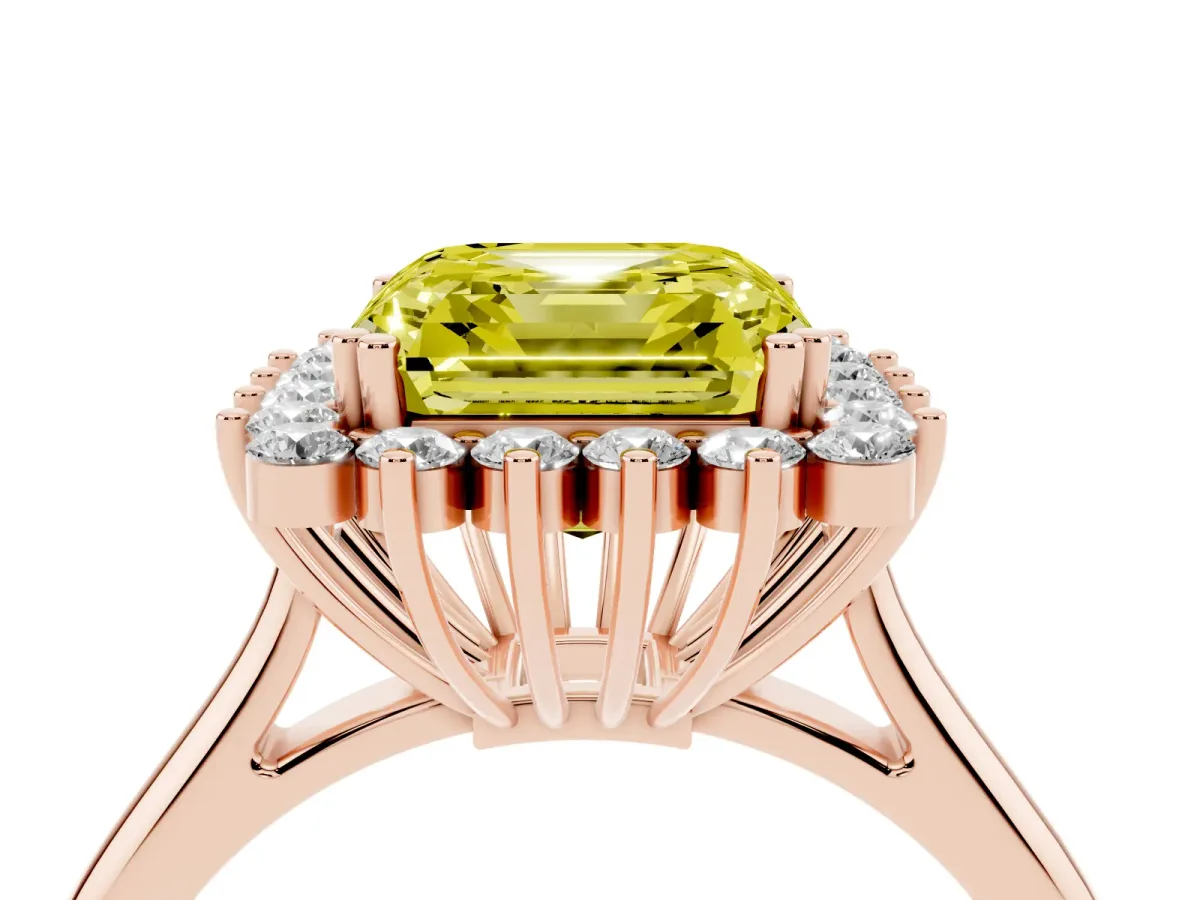 Fancy Yellow Asscher Cut Cut Diamond Halo Ring with Solitaire Band and Prong Setting Rose gold