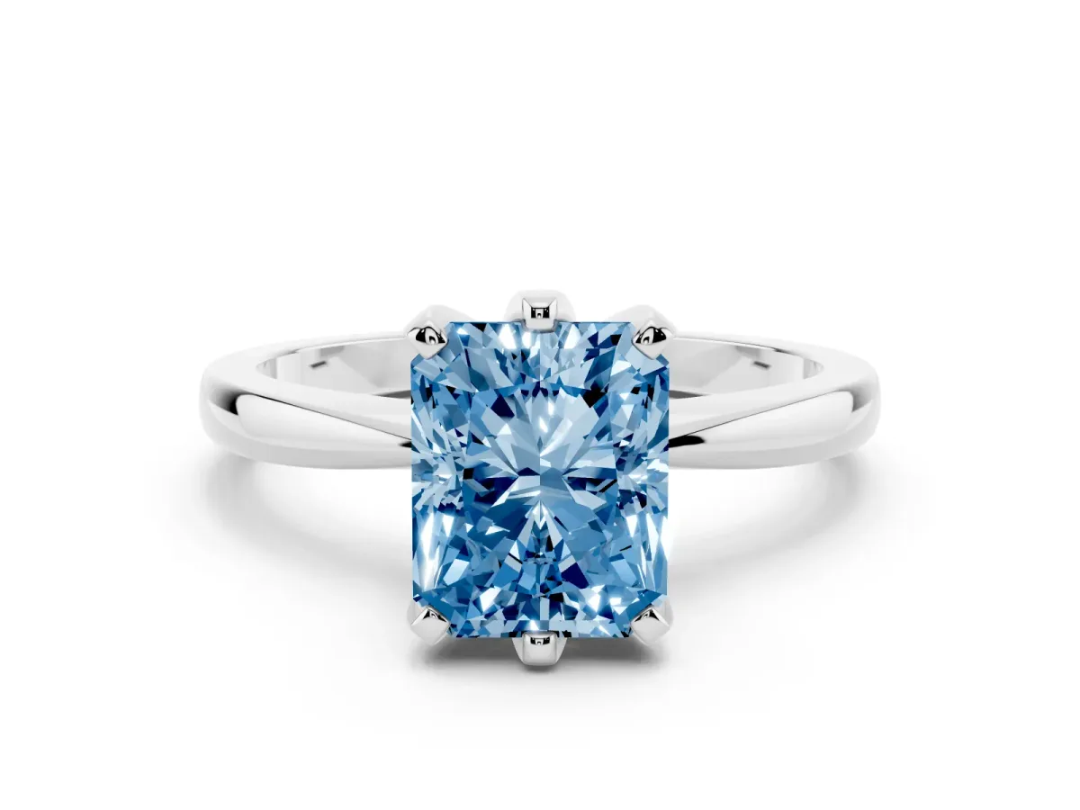Fancy Blue Radiant Cut Solitaire Engagement Ring with Six-Prong Setting and Tapered Band Silver
