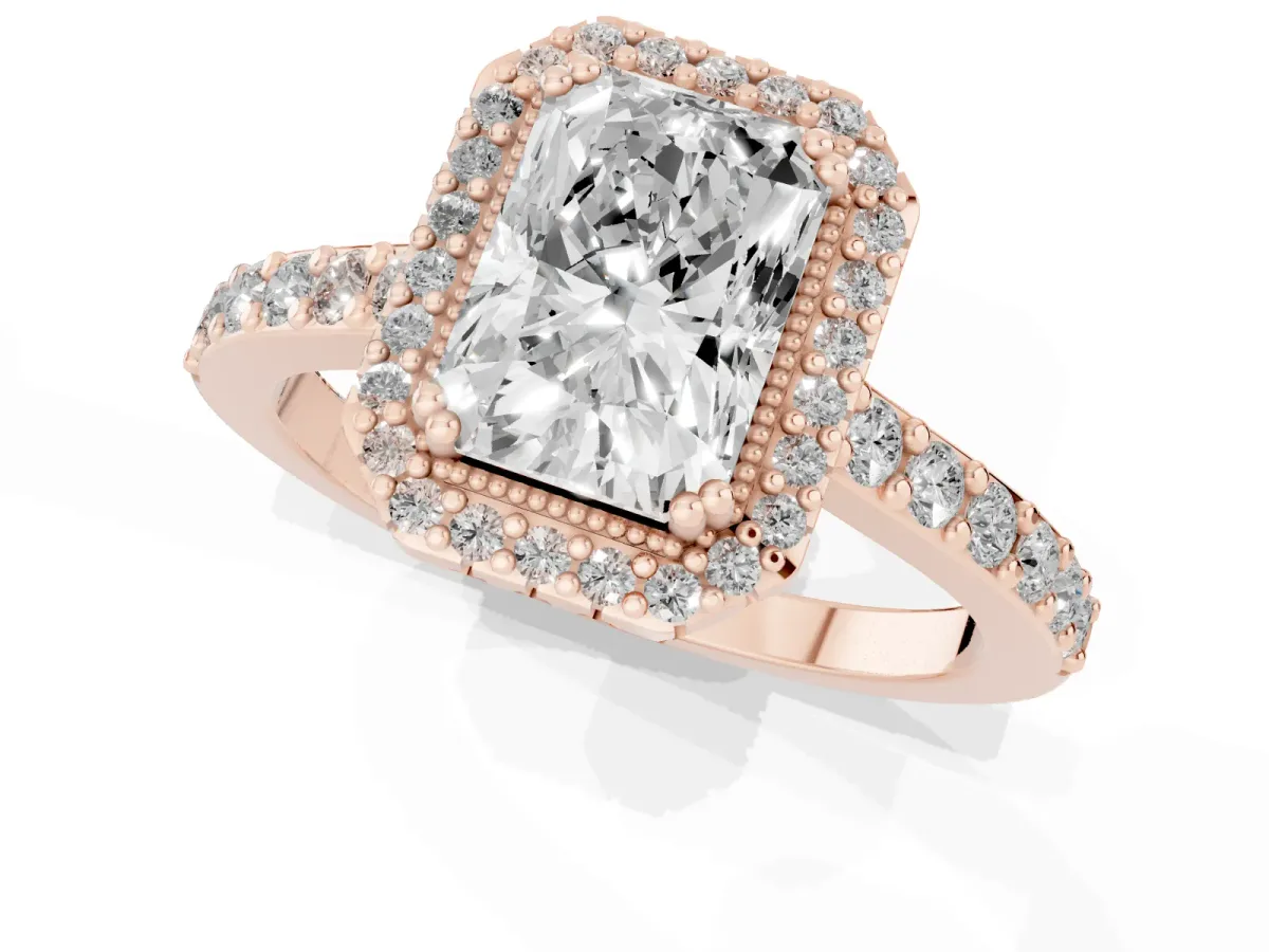 Radiant Cut Cut Diamond Halo Engagement Ring with Milgrain Detail and Pavé Band Rose gold