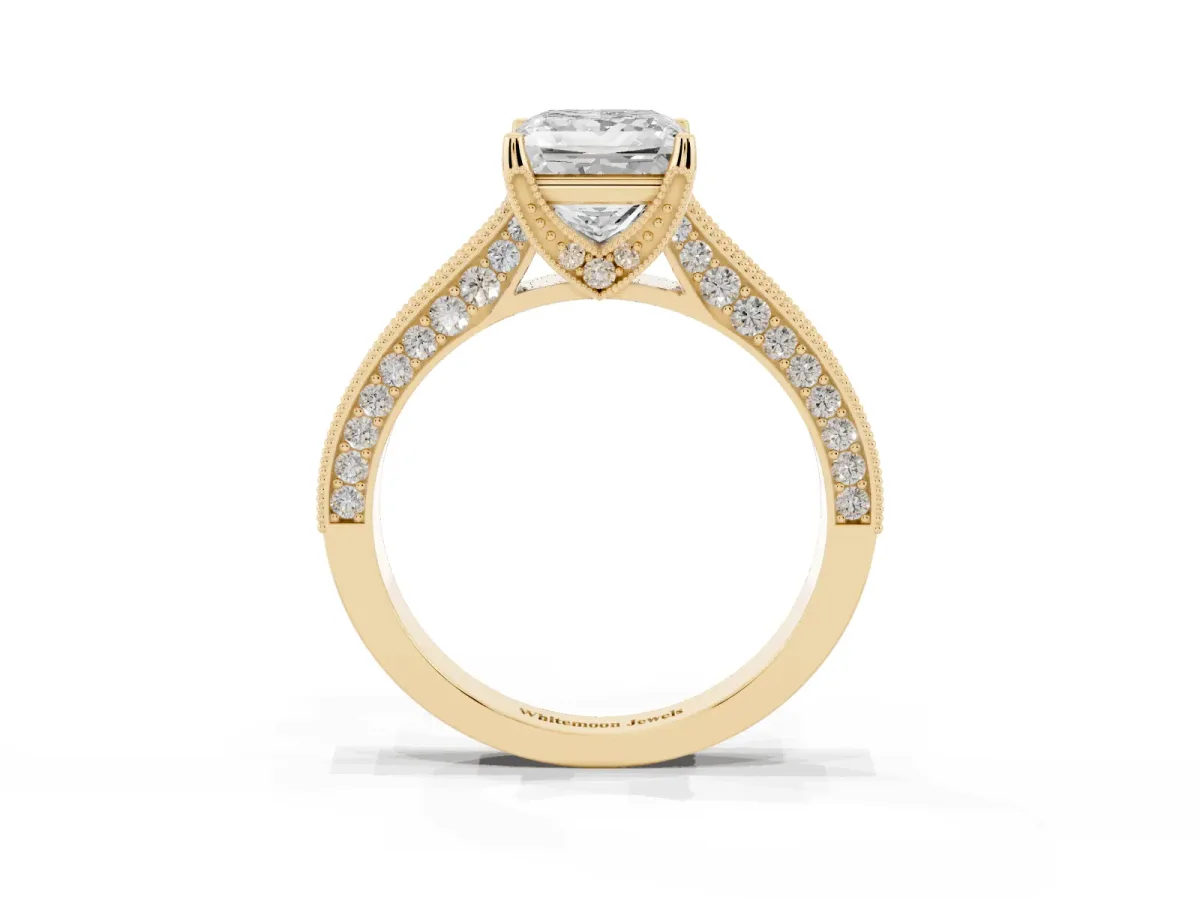 Princess Cut Cut Diamond Solitaire Ring with Milgrain Pave Band and Four Prong Setting Yellow gold
