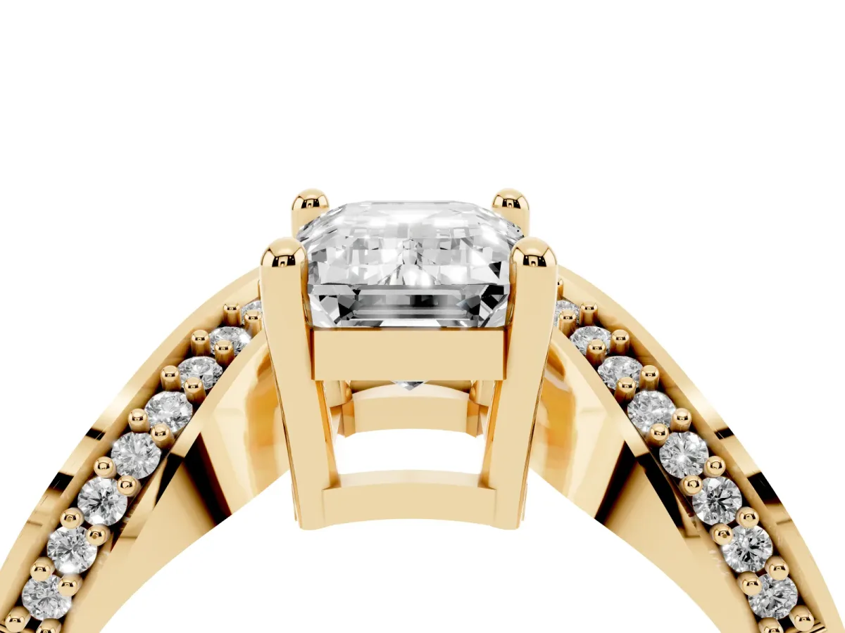Emerald Cut Solitaire Diamond Engagement Ring with Pave Band and Four-Prong Setting Yellow gold
