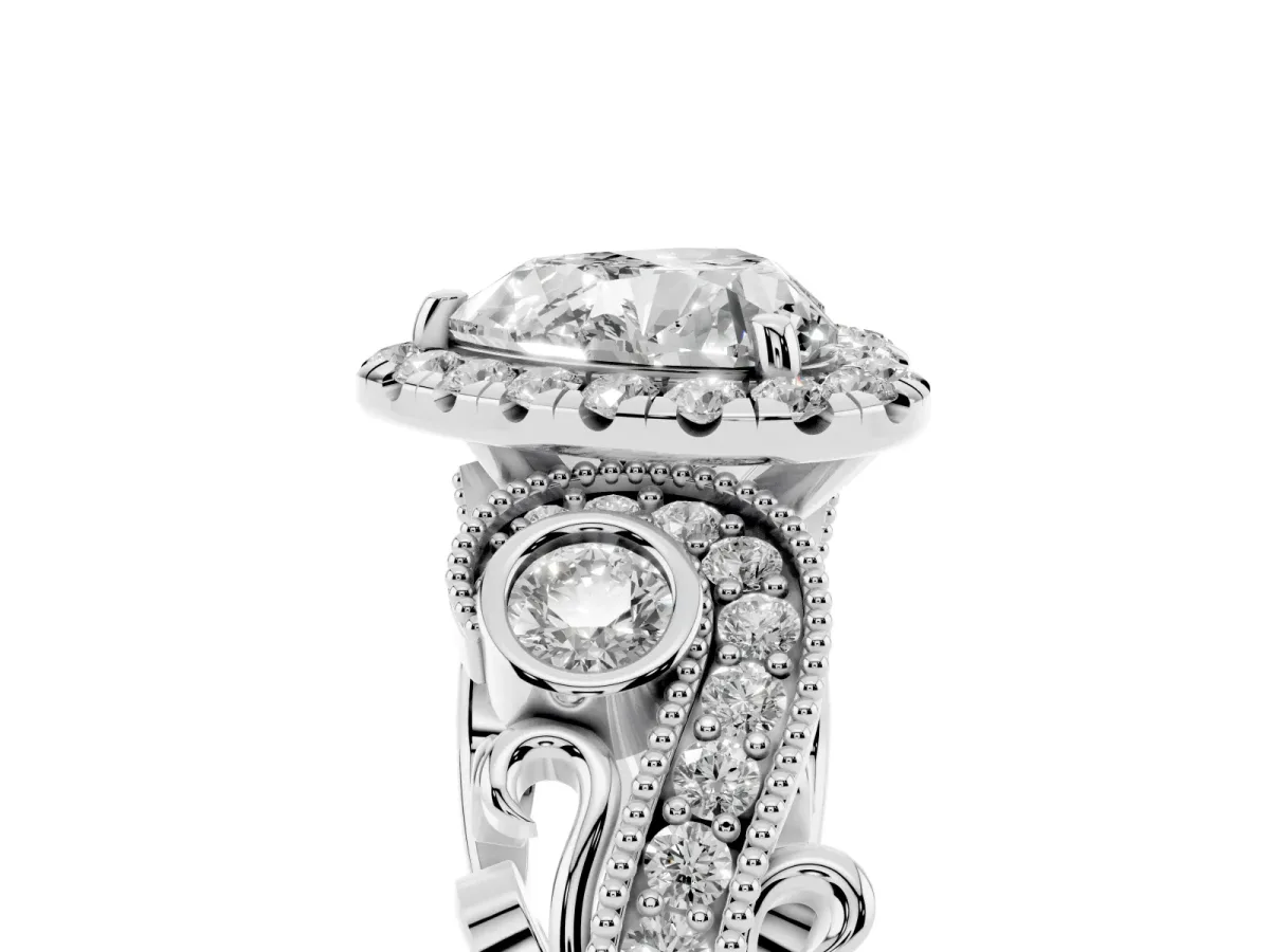 Heart Cut Halo Diamond Ring with Milgrain and Bezel Accents on a Split Shank Band Silver