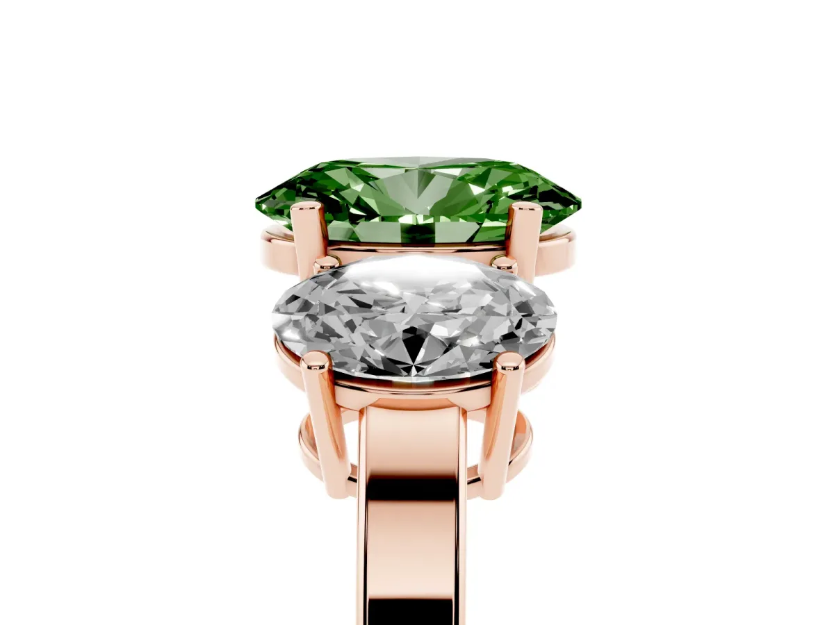 Fancy Green Three-Stone Oval Cut Cut Diamond Engagement Ring with Flat Band and Four-Prong Setting Rose gold