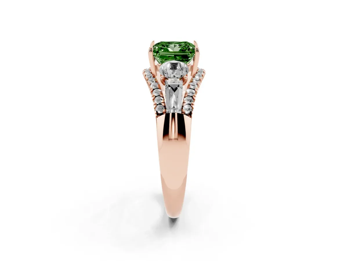Fancy Green Three-Stone Princess Cut Diamond Engagement Ring with Pave Band and Prong Setting Rose gold