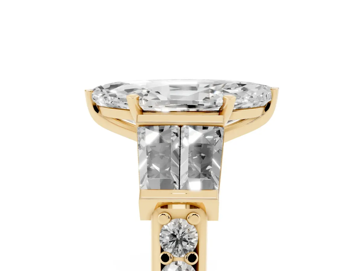 Marquise Cut Diamond Engagement Ring with Baguette Side Stones and Channel Set Band Yellow gold